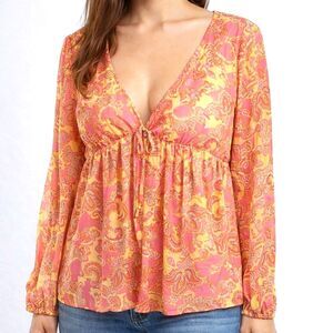 Simply Irresistible Women’s Y2K Boho babydoll floral paisley deep V blouse XL